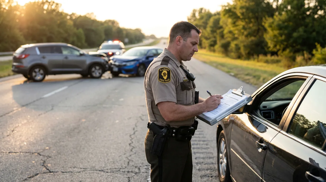 Illinois State Police Officer Documenting Multi-Vehicle Highway Crash Illinois State Police officer writing report on clipboard at multi-vehicle crash scene
