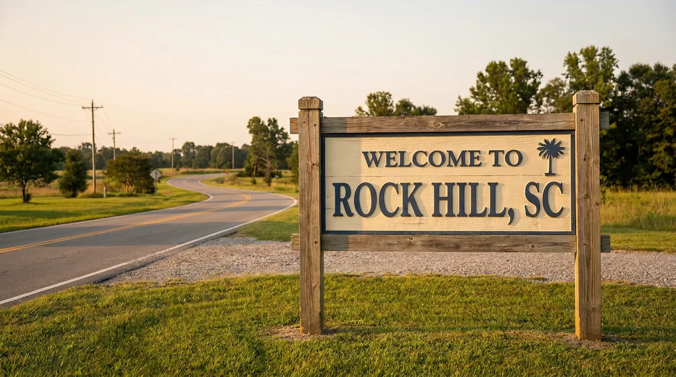 Welcome to Rock Hill SC wooden roadside sign along rural highway