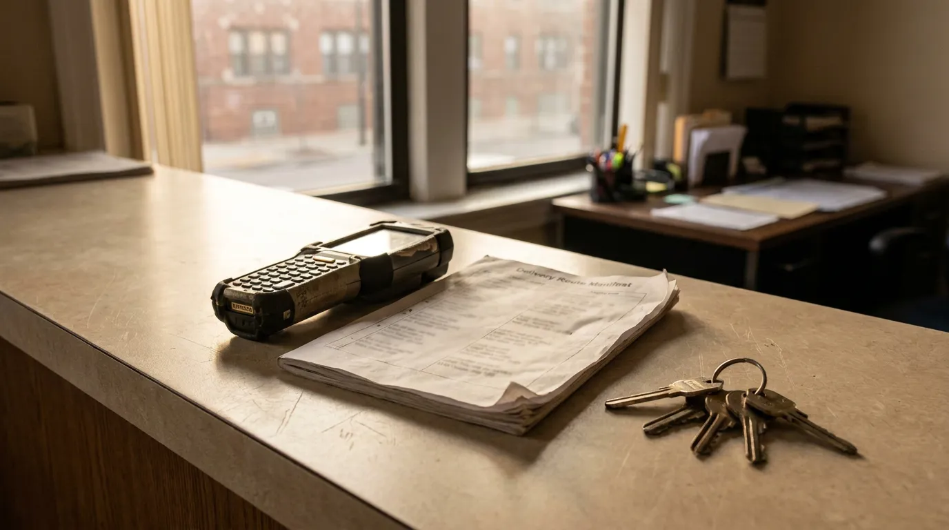 Chicago Delivery Worker Route Manifest and Keys on Counter delivery route manifest document, handheld scanner, and keys resting on office counter