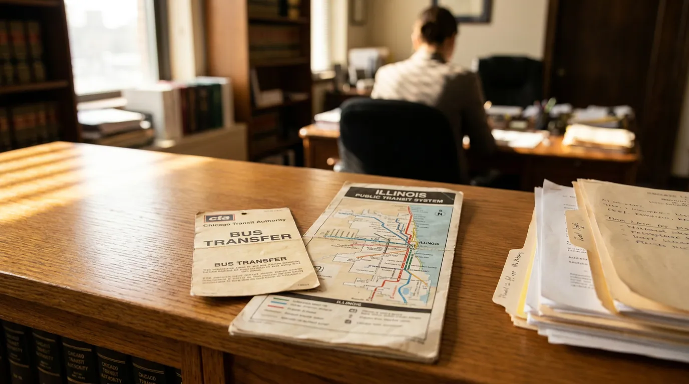 Chicago CTA Bus Transfer and Transit Map in Attorney Office CTA Bus Transfer ticket and Illinois Public Transit System map on law office desk