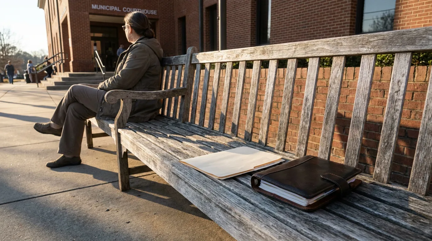 person seated on bench outside Municipal Courthouse with legal folder and binder