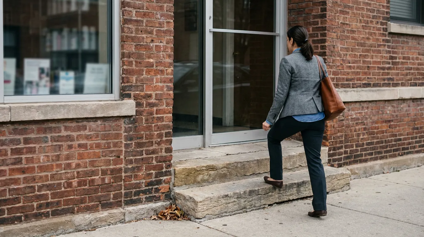 Lawful Visitor Entering Chicago Property Premises Liability professional woman carrying shoulder bag ascending stone steps of brick building entrance