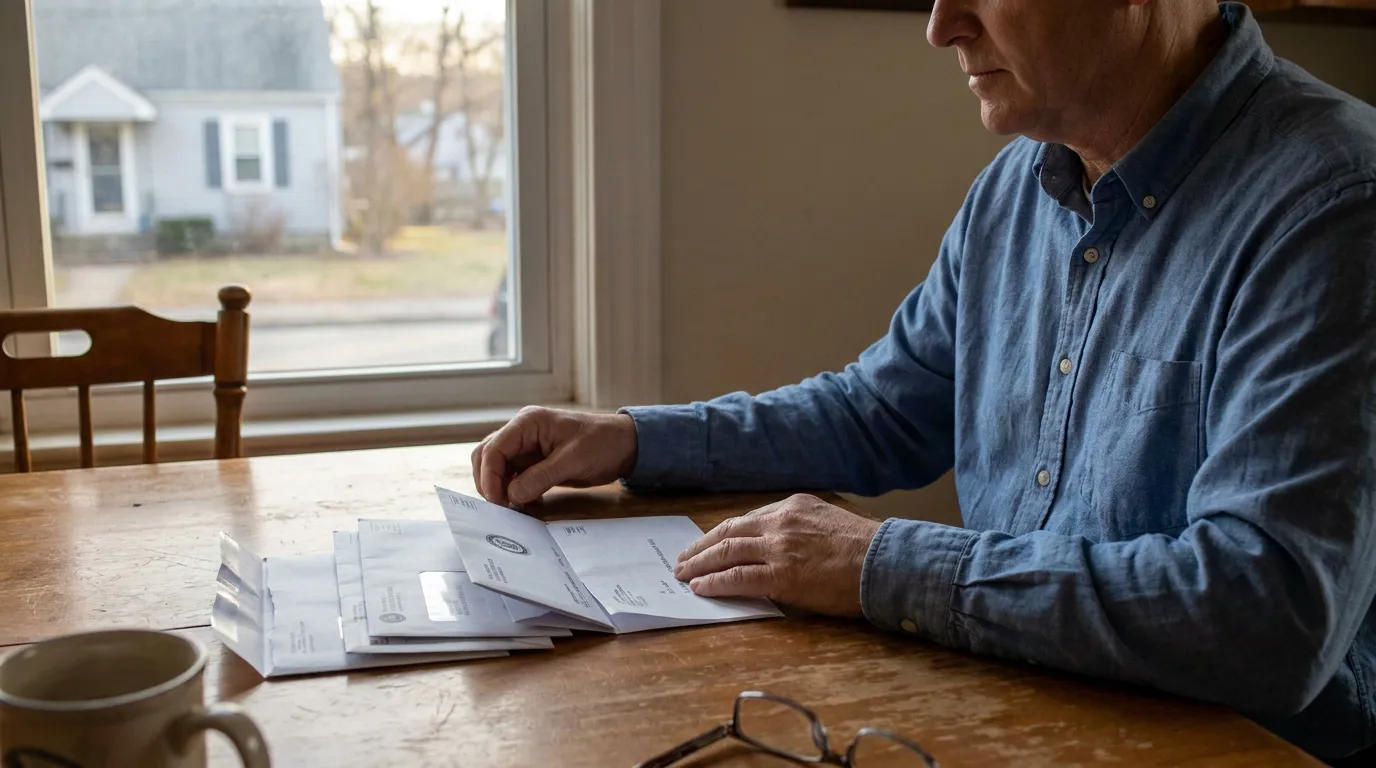 Leominster MA Homeowner Reviewing Foreclosure Notices man sitting at kitchen table reviewing stack of mail envelopes and documents