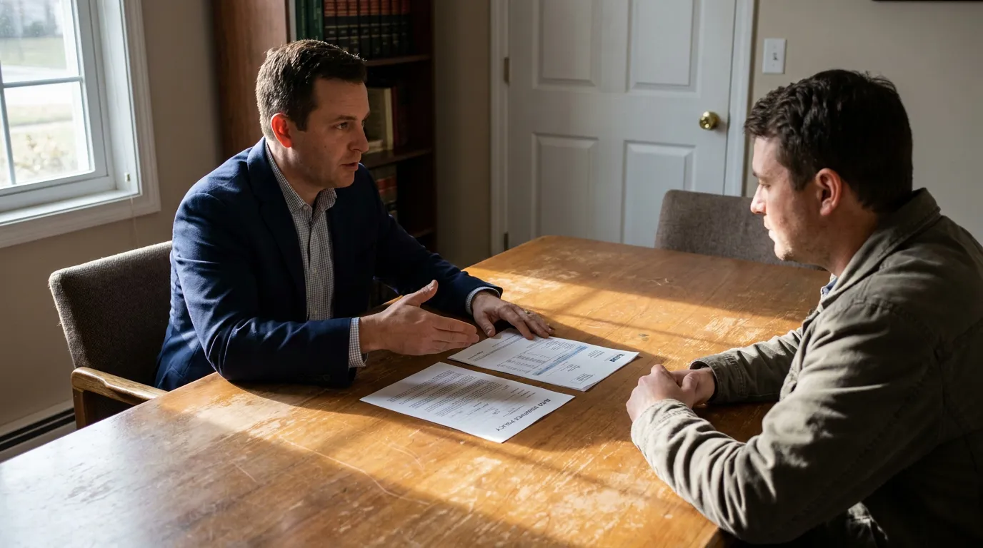 Chicago Car Accident Lawyer Consulting Client on Damages attorney in blazer discussing auto insurance policy documents with seated client