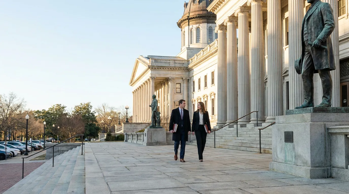 two attorneys in suits walking outside neoclassical courthouse with bronze statues