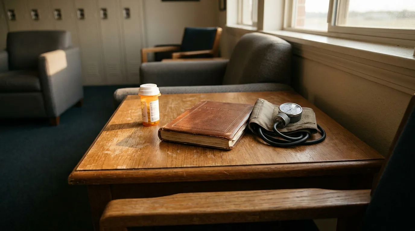 FAA Approved Blood Pressure Medications Pilot Medical Certification prescription pill bottle, worn book, and blood pressure cuff on wooden table