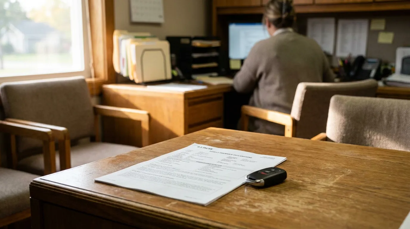 Chicago Attorney Reviewing Illinois Car Accident Insurance Claim Illinois vehicle insurance declarations document and car key on wooden office desk