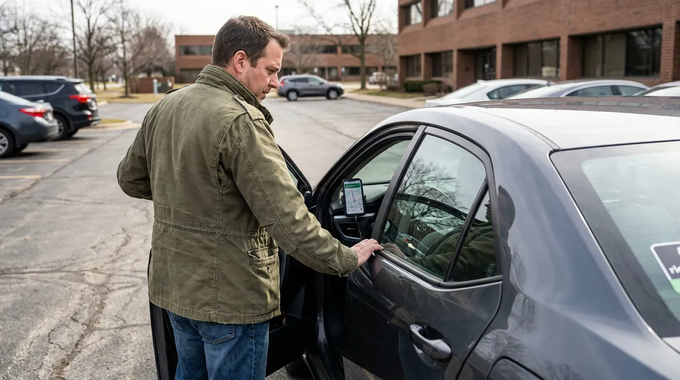 Passenger Entering Rideshare Vehicle in DuPage County Illinois man opening rideshare vehicle door with navigation app visible on dashboard phone mount
