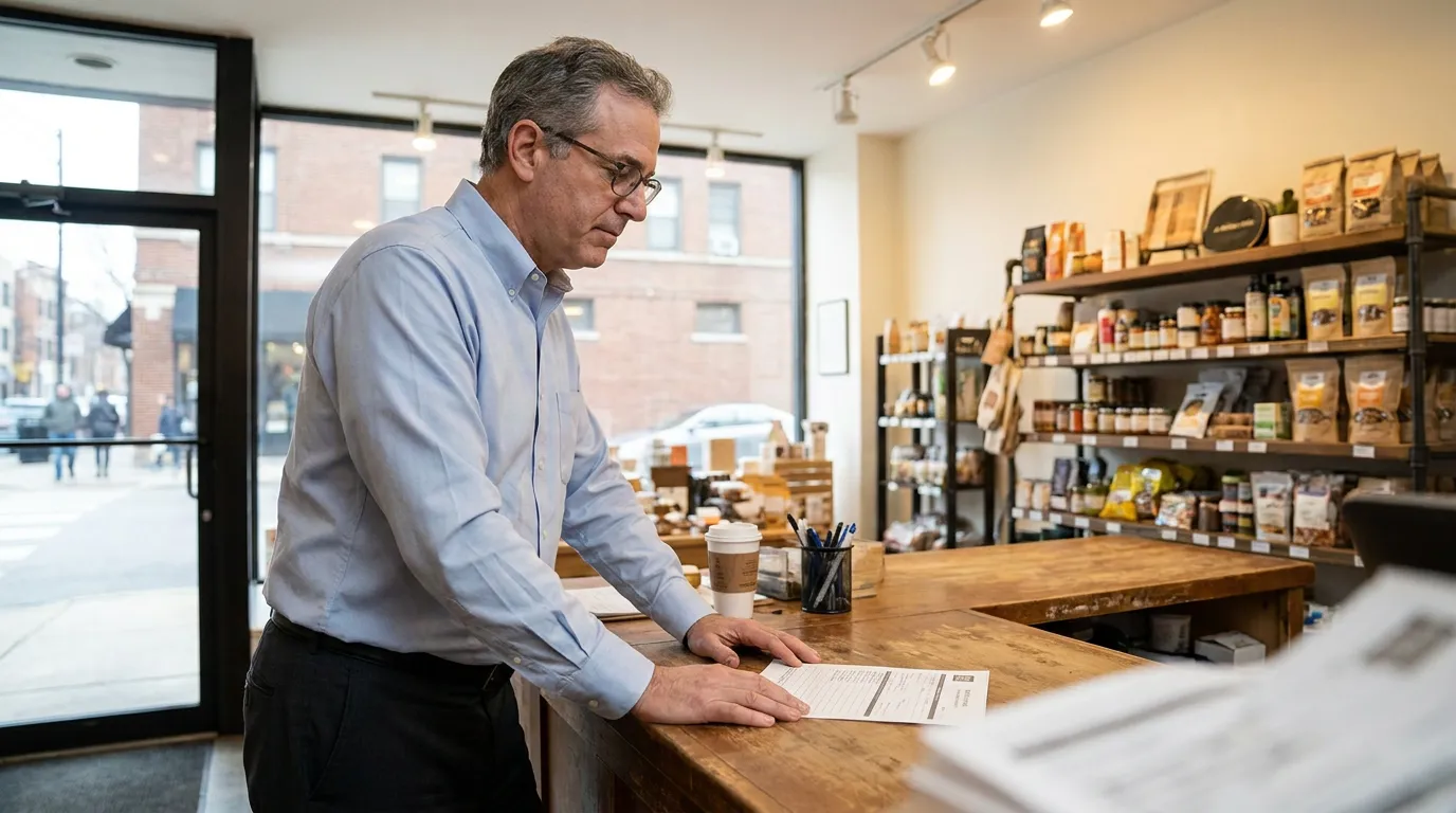 Chicago Business Owner Reviewing Premises Liability Document business owner leaning over wooden counter reviewing document in retail shop