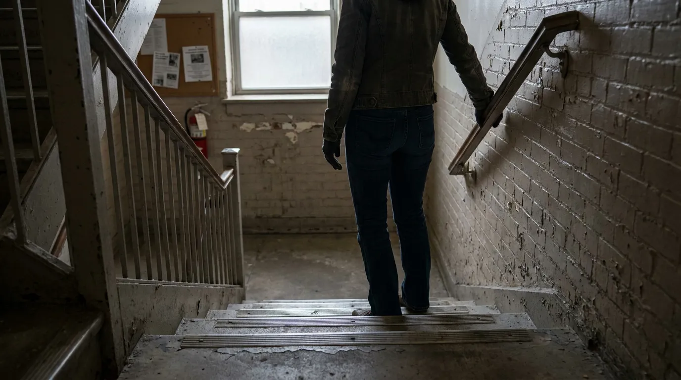 Tenant on Unsafe Stairwell in Chicago Apartment Building person gripping stairwell handrail on worn concrete steps in deteriorated building