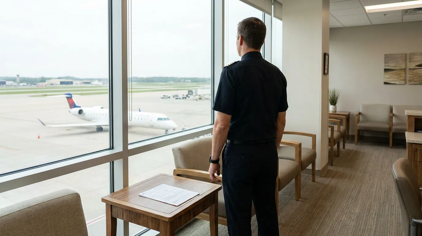 uniformed pilot standing in airport lounge gazing at aircraft on tarmac
