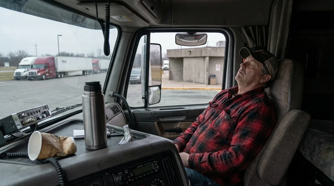 Fatigued Truck Driver Asleep in Cab Miami Florida truck driver sleeping in cab seat at commercial truck stop parking lot