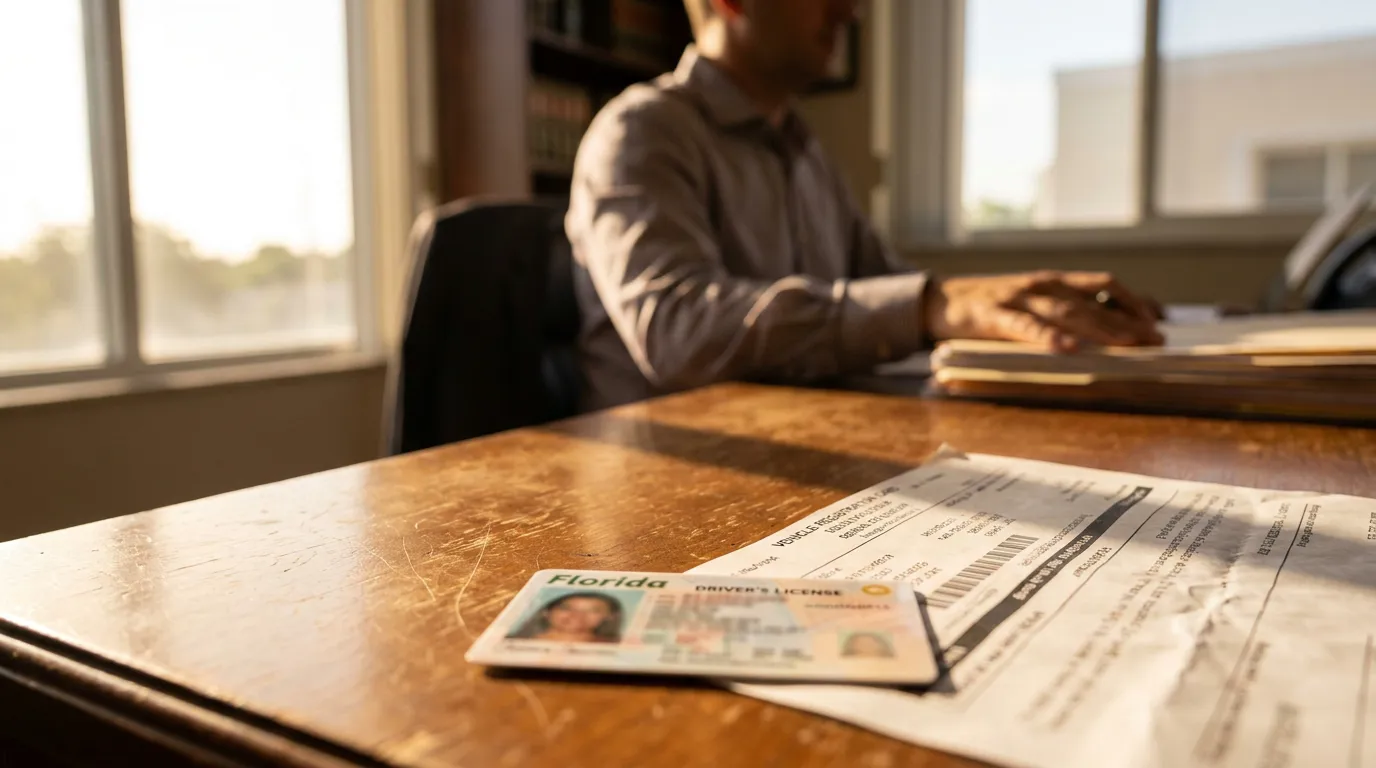 Florida driver's license and vehicle registration form on office desk
