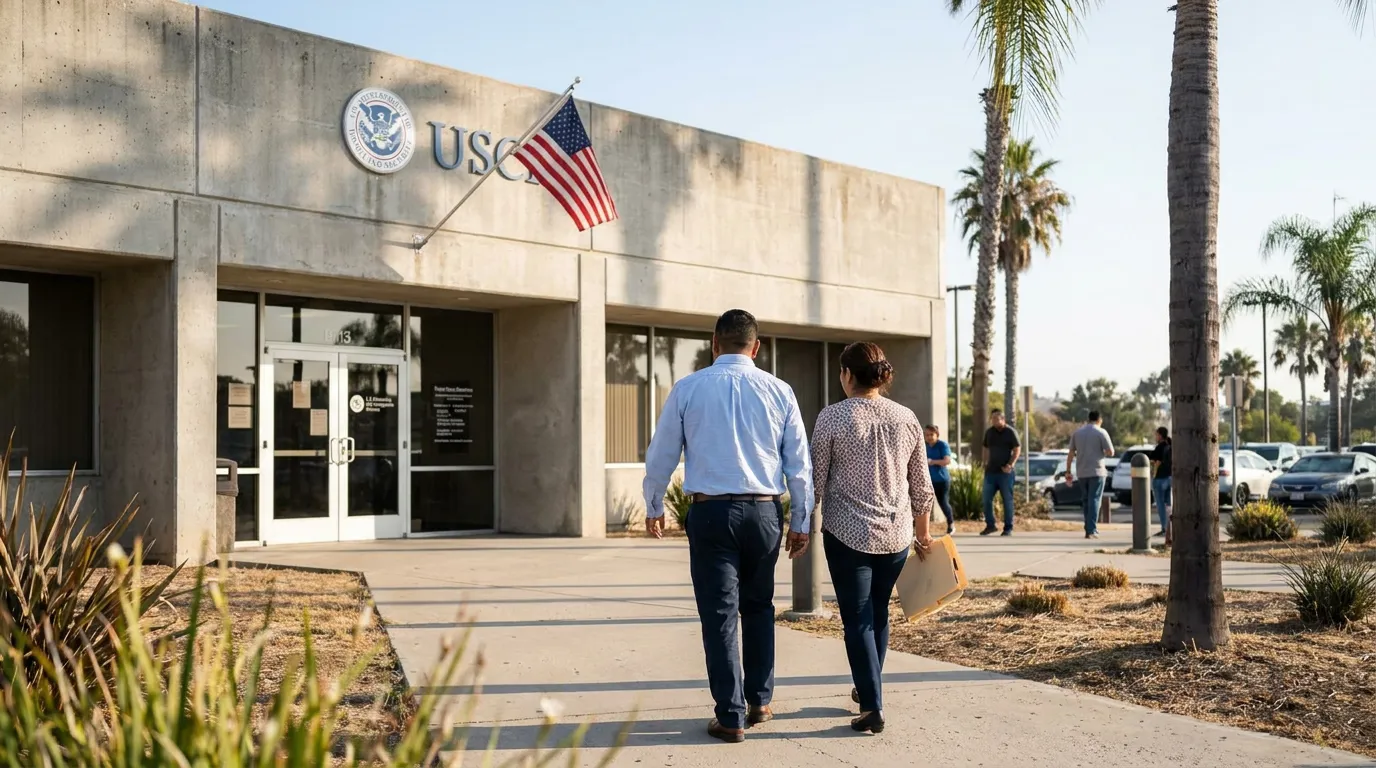 two people walking toward USCIS office building with American flag displayed