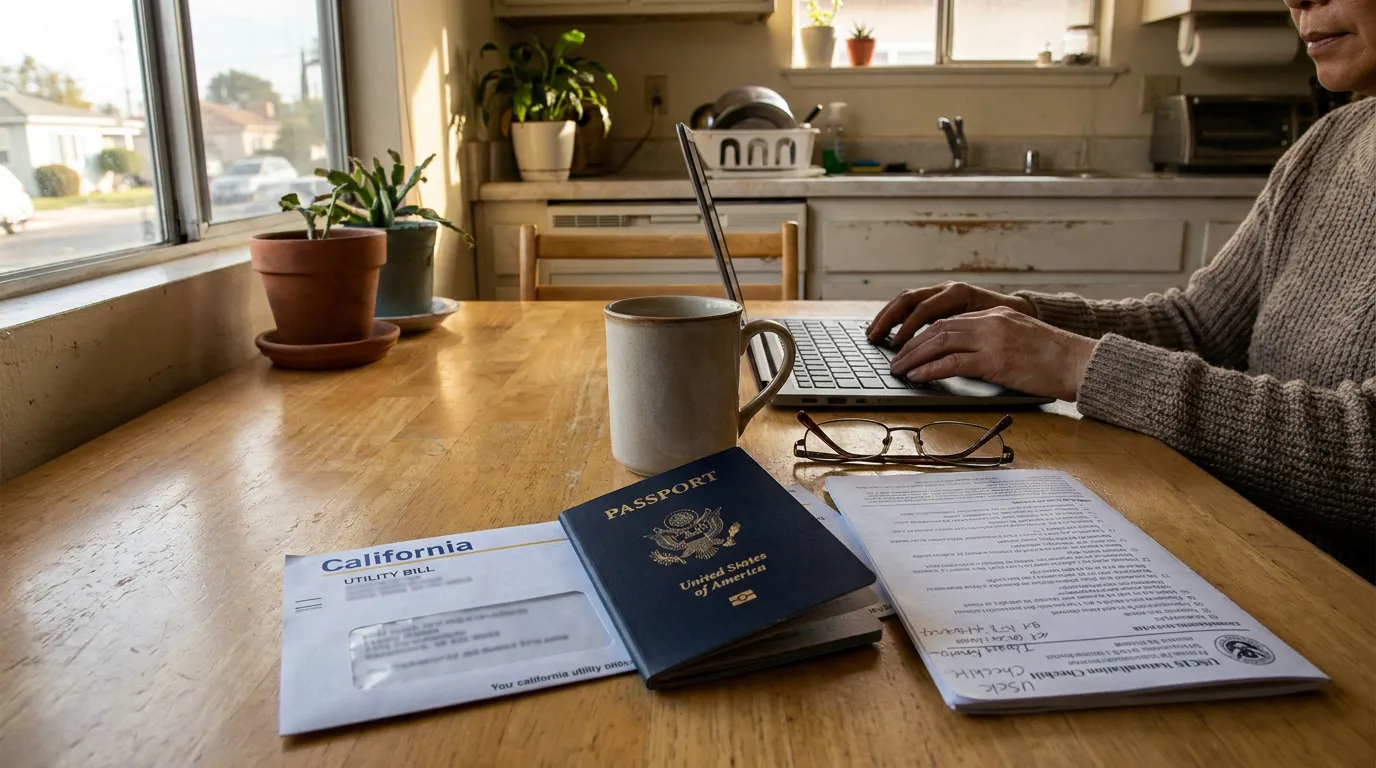 San Diego Resident Reviewing Naturalization Documents and Passport US passport, California utility bill, and USCIS naturalization checklist on kitchen table