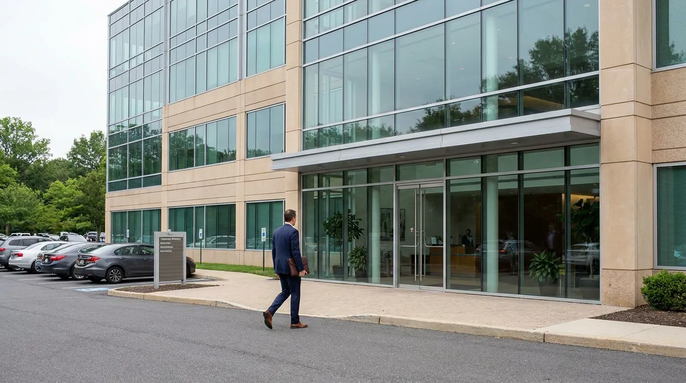 Corporate Attorney Entering Newton Square Pennsylvania Office Building suited professional carrying folder walking toward multi-story office building entrance