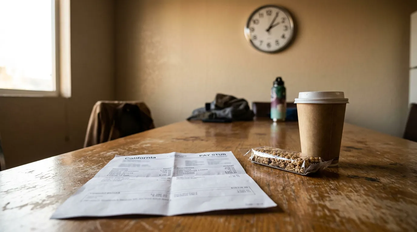 California pay stub document on wooden table beside takeout coffee cup
