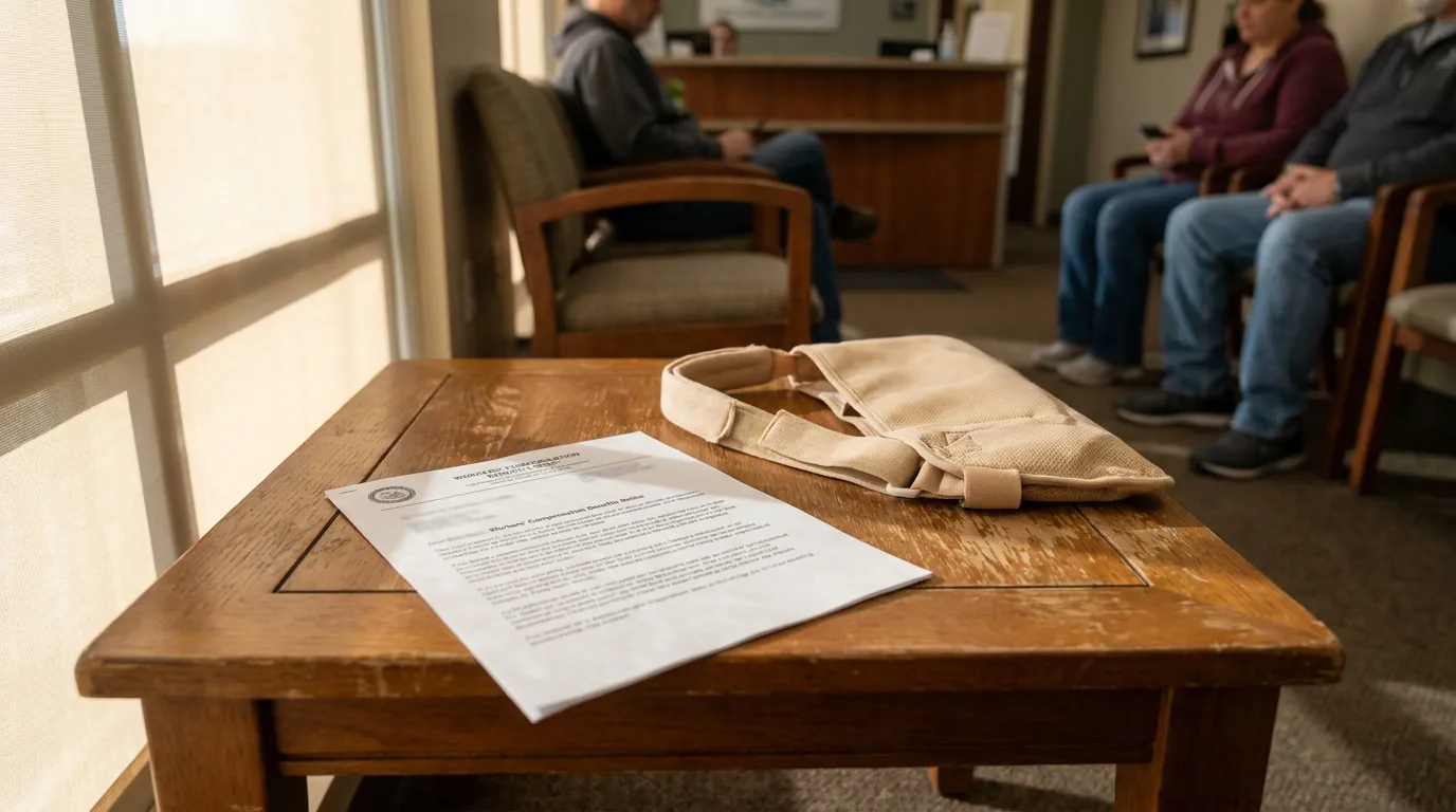 Kansas City Workers Comp Benefit Notice Waiting Room Workers' Compensation Benefits Notice document and arm sling on waiting room table