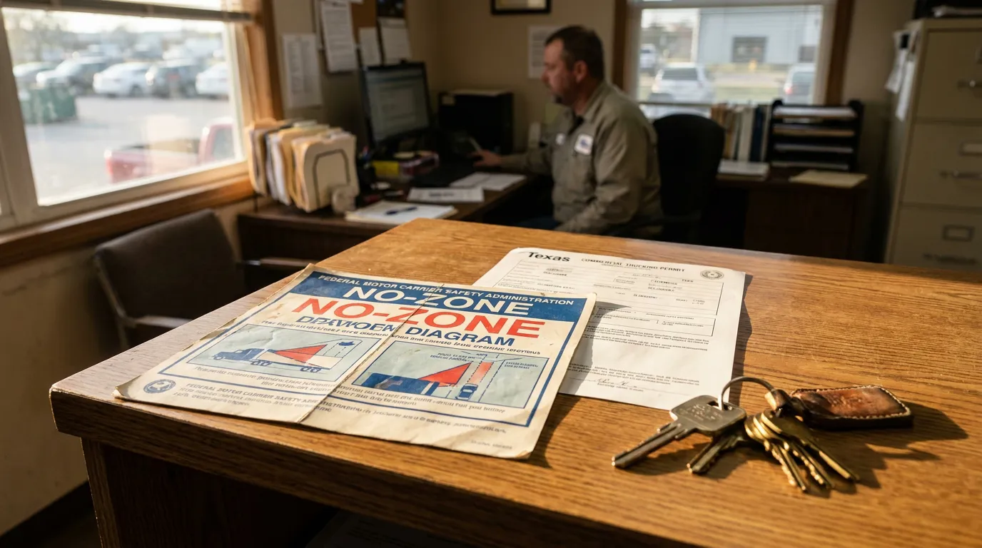 FMCSA No-Zone diagram and Texas Commercial Trucking Permit on office desk with keys