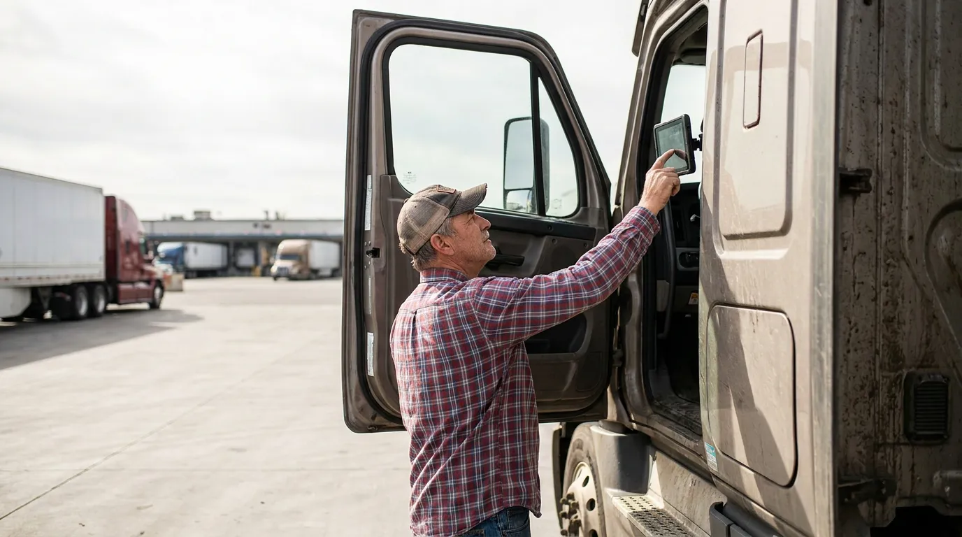 Fresno Truck Driver Using ELD Electronic Logging Device truck driver operating tablet device mounted on commercial semi-truck cab door
