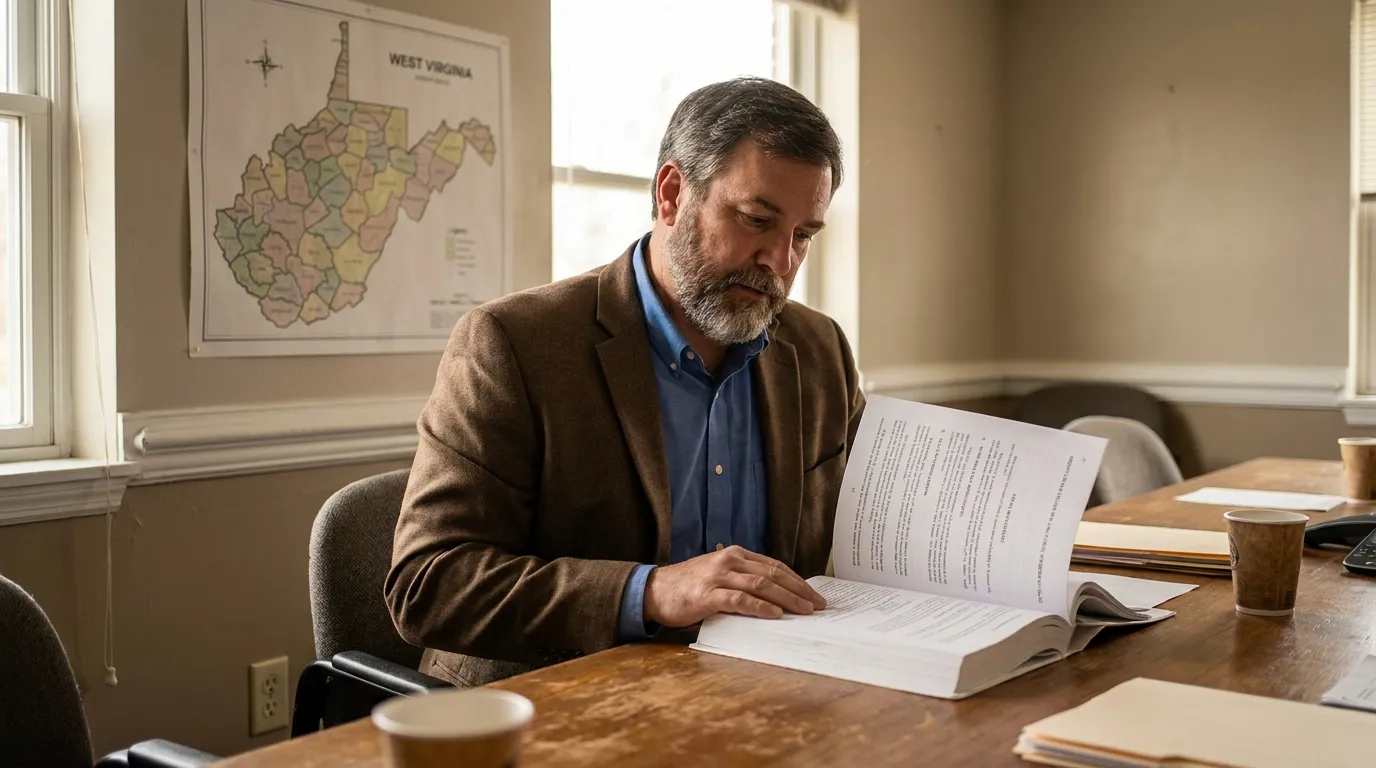 Attorney Reviewing West Virginia Tort Law Documents man in blazer reviewing legal documents at desk with West Virginia map on wall