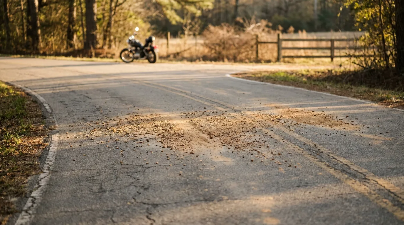 Loose Gravel Road Hazard Motorcycle Crash Columbia SC motorcycle parked on cracked rural road with scattered gravel and debris
