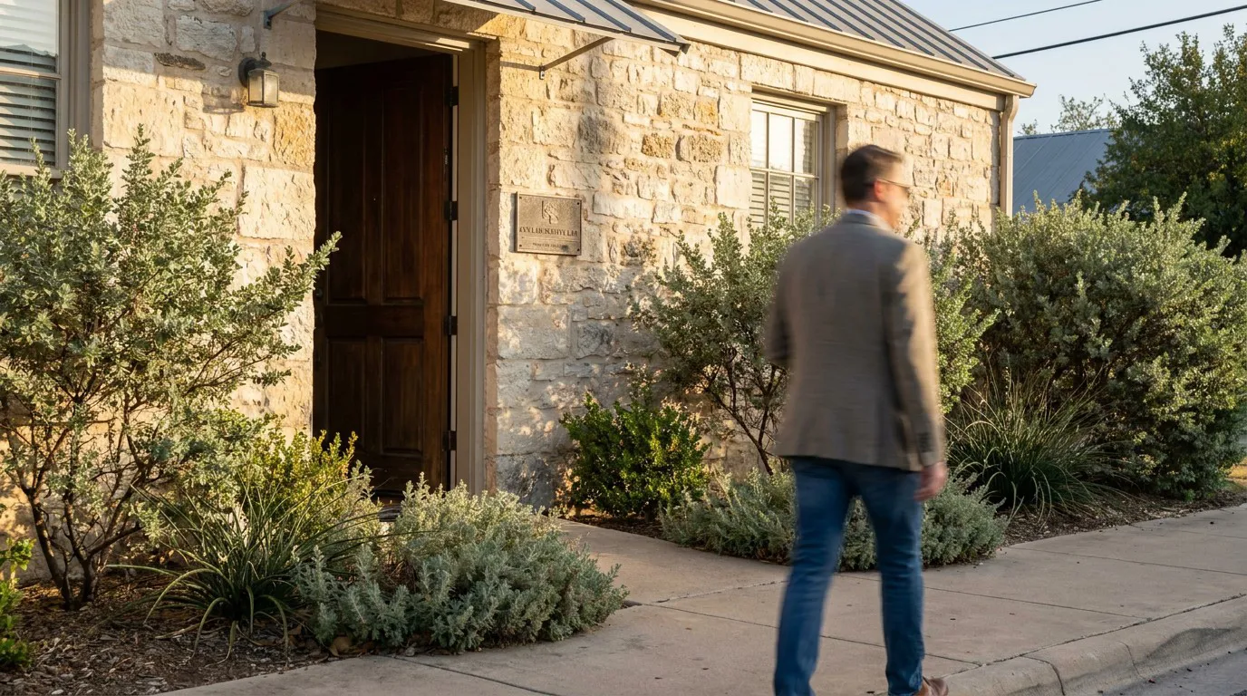 Collaborative Divorce Attorney Office Fredericksburg Texas man in blazer walking toward stone law office building with mounted plaque