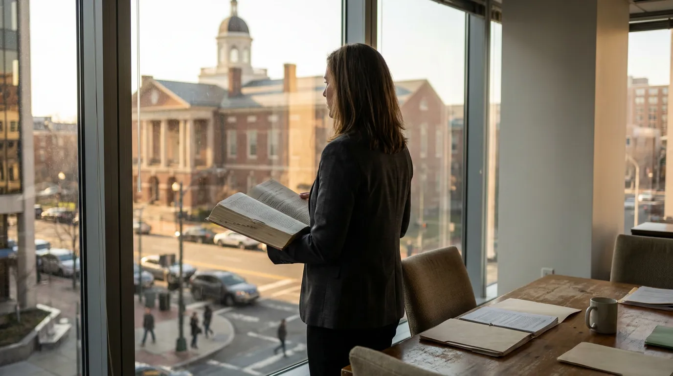 Newton Square Attorney Reviewing Delaware Derivative Suit Pleadings attorney standing at office window holding open legal book overlooking courthouse