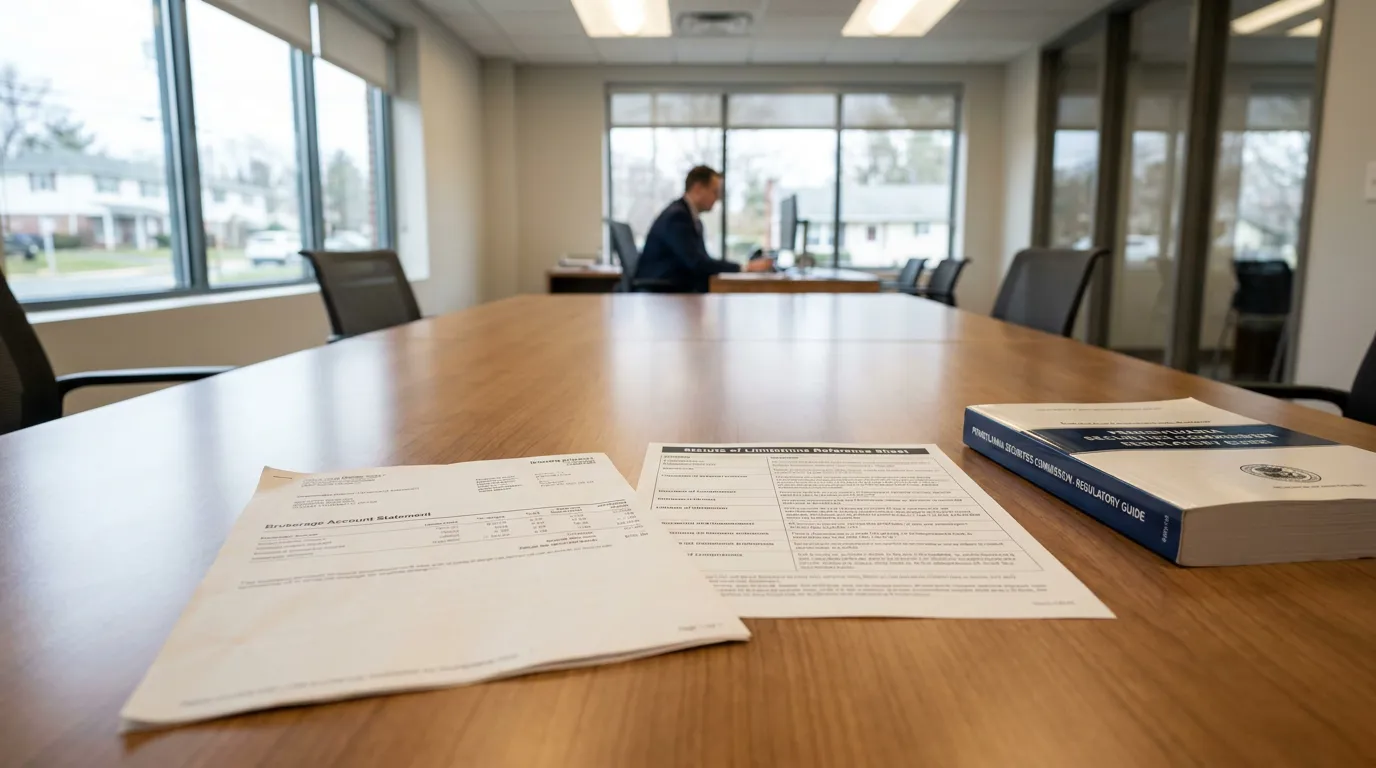 Brokerage account statement and Pennsylvania Securities Commission regulatory guide on conference table