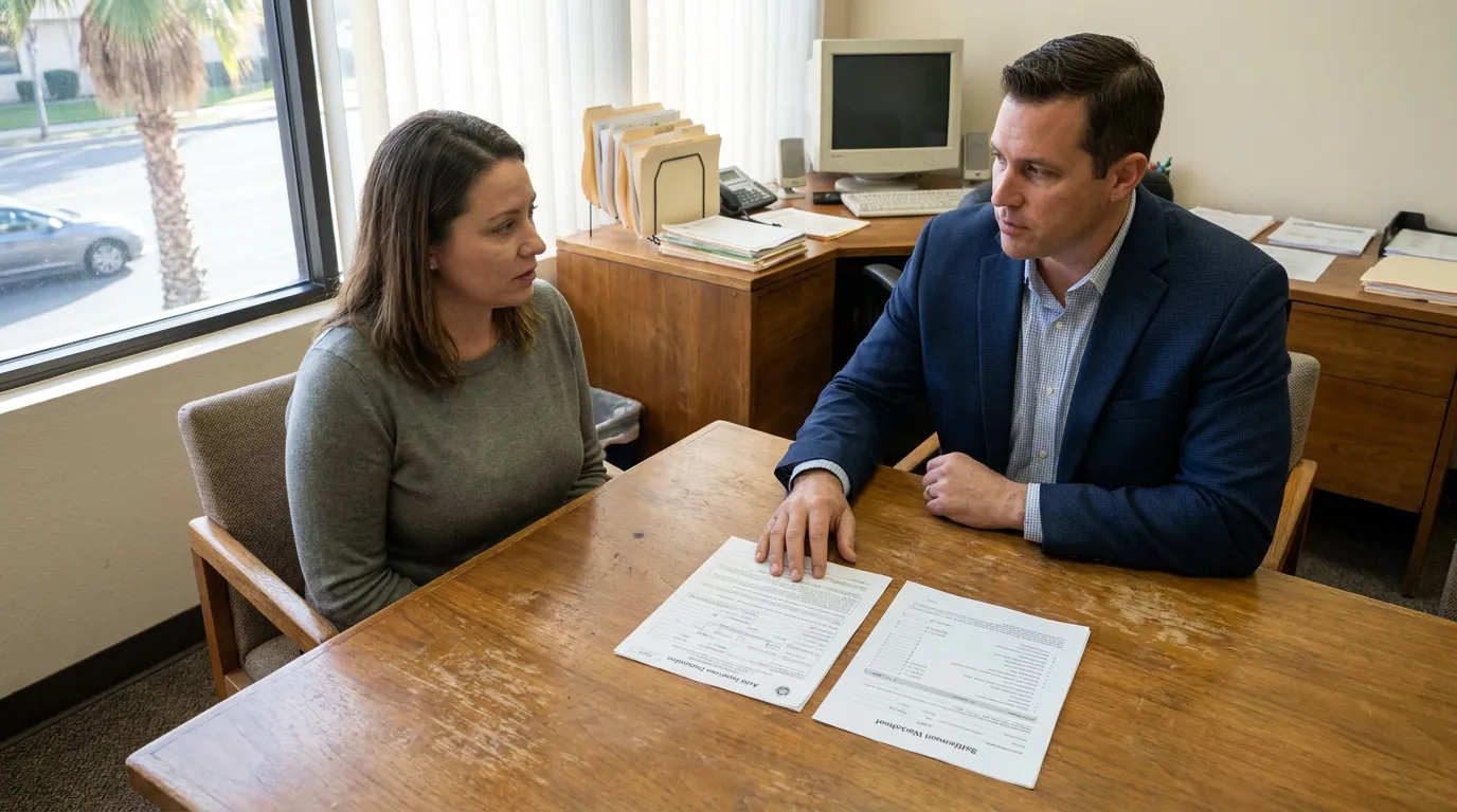 Fresno Car Accident Settlement Consultation With Attorney attorney and client meeting at desk with settlement worksheet and auto insurance documents