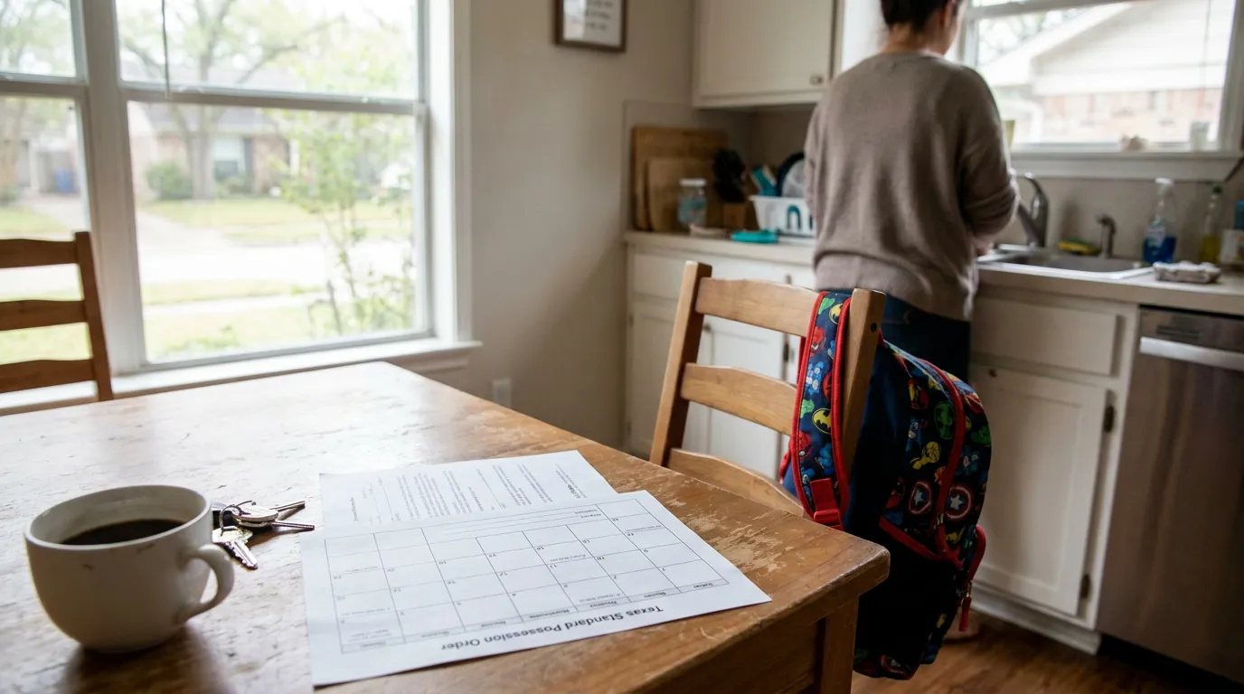 Texas Standard Possession Order Document Houston Family Home Texas Standard Possession Order document on kitchen table with child's backpack nearby