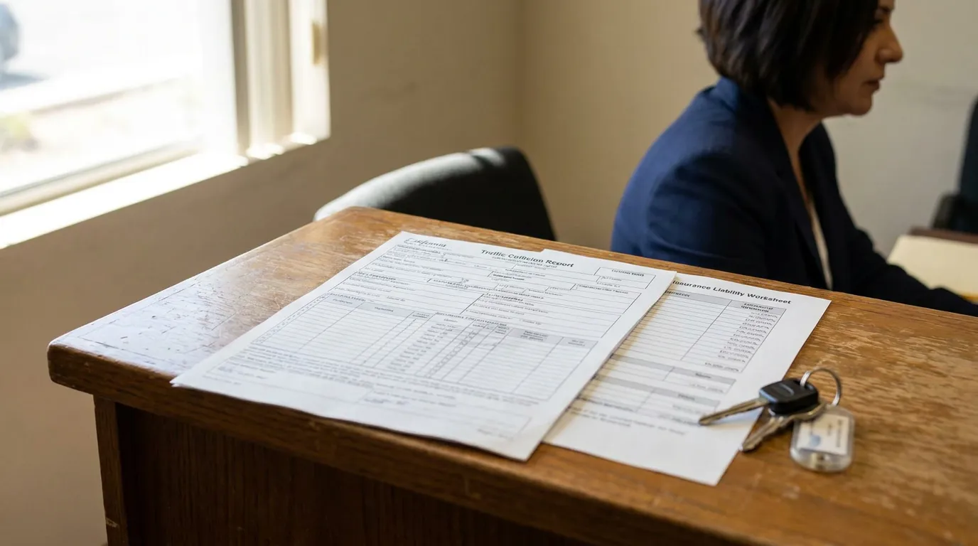 Fresno Car Accident Comparative Fault Insurance Liability Consultation Traffic Collision Report and Insurance Liability Worksheet on desk with car keys