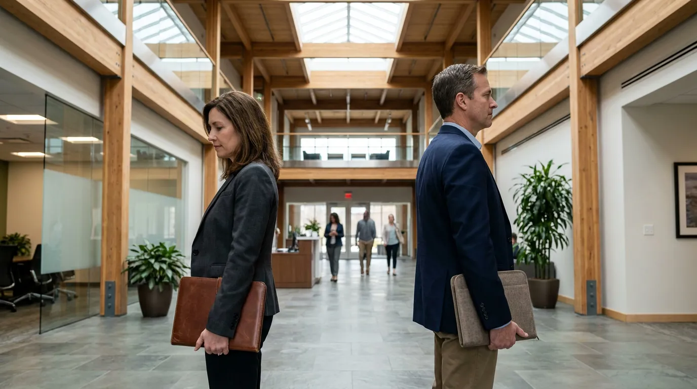 two professionals standing back-to-back holding portfolios in modern office atrium