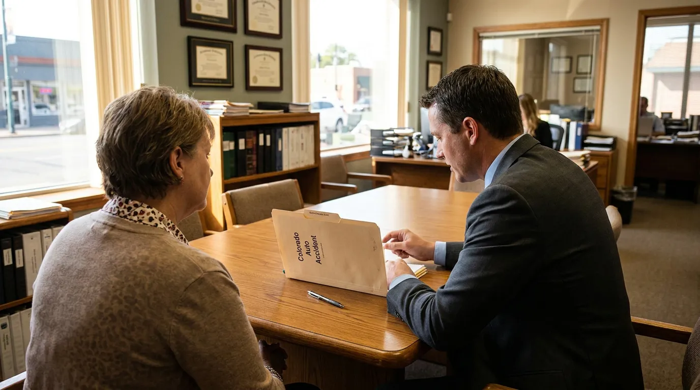 Centennial Truck Accident Victim Consulting Attorney attorney reviewing Colorado Auto Accident folder with client in law office