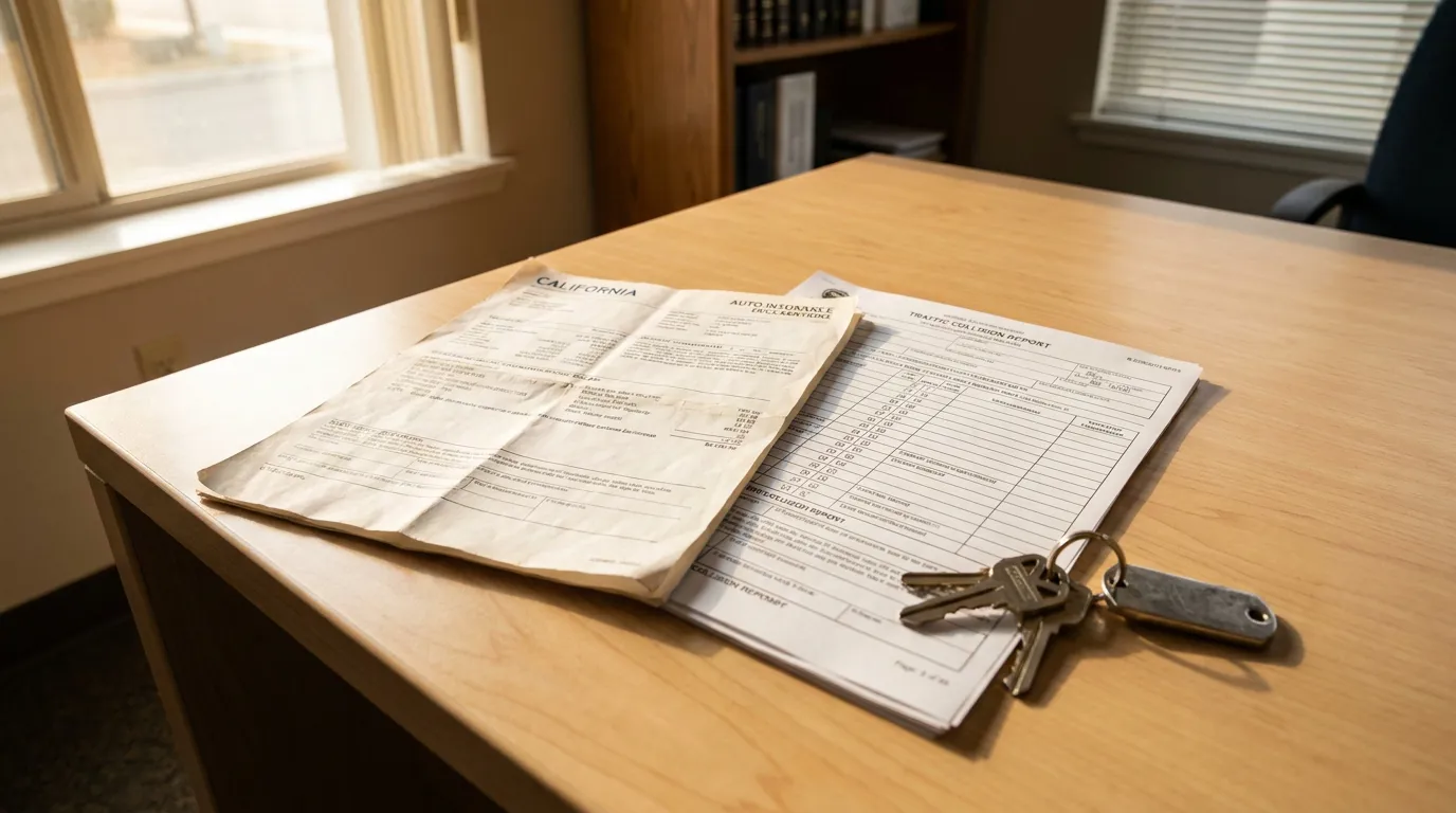 Fresno Car Accident Liability Insurance and Collision Report Documents California auto insurance documents and traffic collision report with car keys on desk