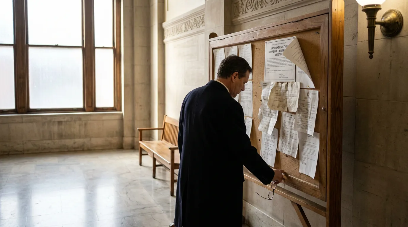 attorney reviewing shareholder meeting announcement posted on courthouse bulletin board