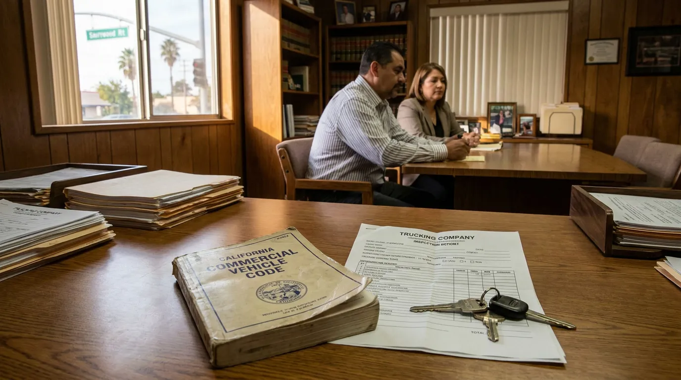 Abogado de accidentes de camión en Fresno revisando el Código de Vehículos Comerciales de California Libro del Código de Vehículos Comerciales de California y formulario de inspección de empresa de transporte sobre un escritorio de oficina legal