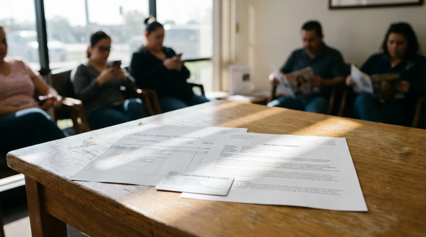 Fresno Car Accident Claim Documents Medical Bills Insurance Medical billing statement, treatment summary, and car insurance card on wooden table in waiting room