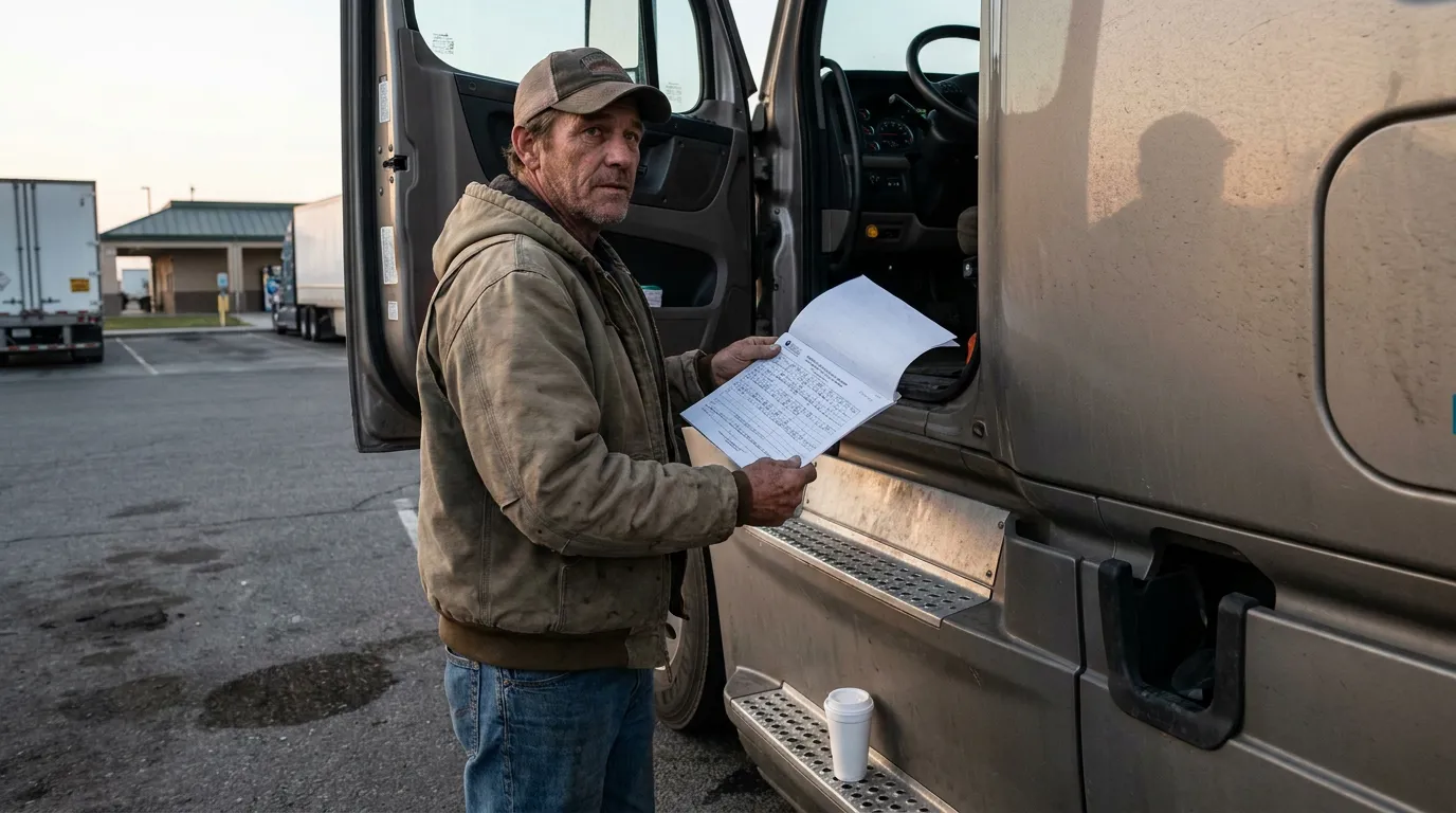 Fresno Truck Driver Reviewing FMCSA Compliance Documents truck driver holding printed documents beside open commercial truck cab door