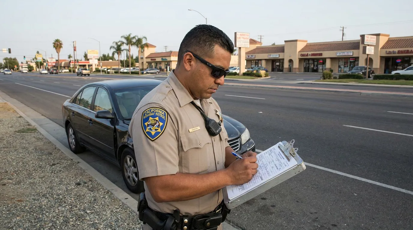 California Highway Patrol Officer Filing Car Accident Report Fresno Oficial de la Patrulla de Caminos de California tomando notas en un portapapeles junto a un vehículo detenido en Fresno