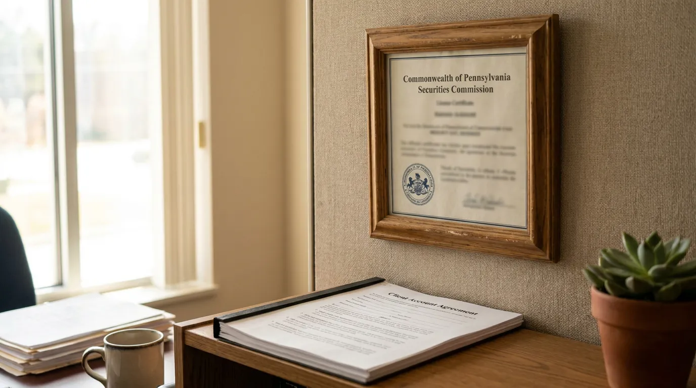 Pennsylvania Securities Commission License and Client Account Agreement Newton Square Commonwealth of Pennsylvania Securities Commission license certificate framed above desk with Client Account Agreement