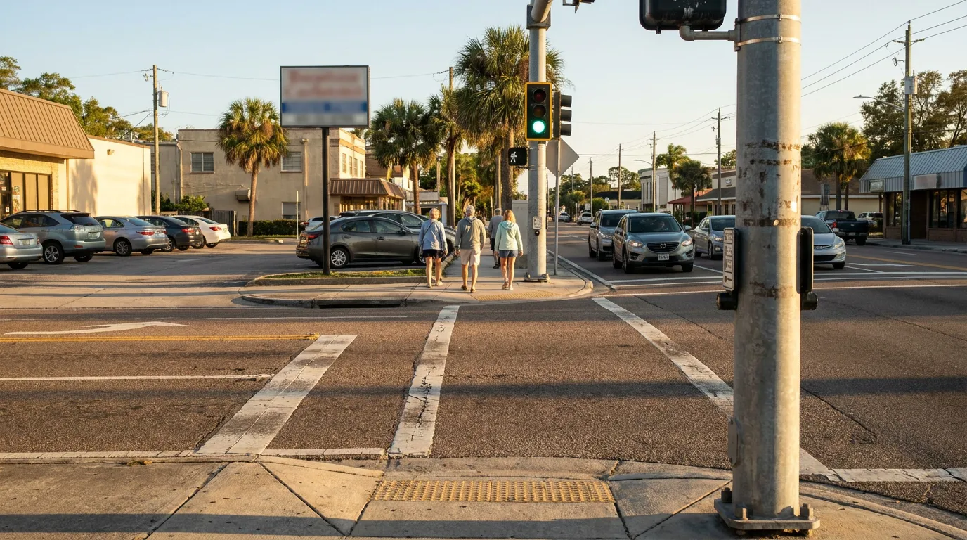 Florida Intersection With Traffic Light and Crosswalk pedestrians crossing marked crosswalk at busy urban intersection with traffic signal