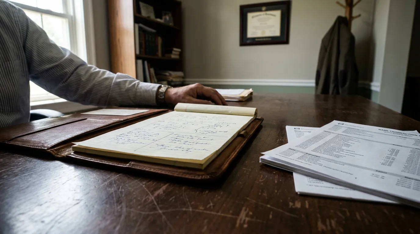 attorney reviewing handwritten notes and bank transaction documents on office desk