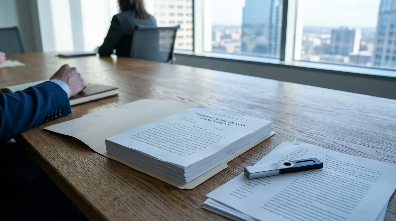 Federal Wire Fraud Indictment document and USB drive on conference room table