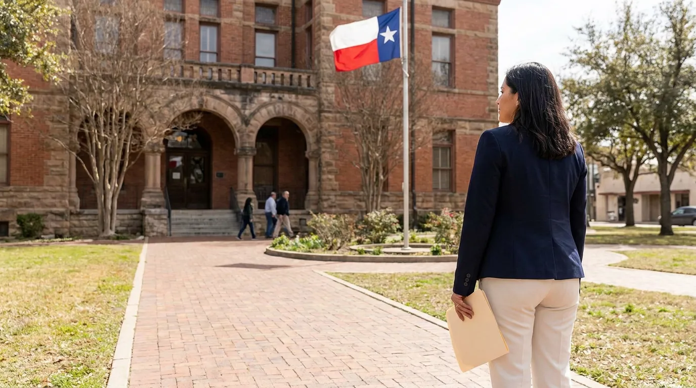 Woman Outside Texas Courthouse After Divorce Decree female attorney holding folder outside Texas courthouse with state flag flying