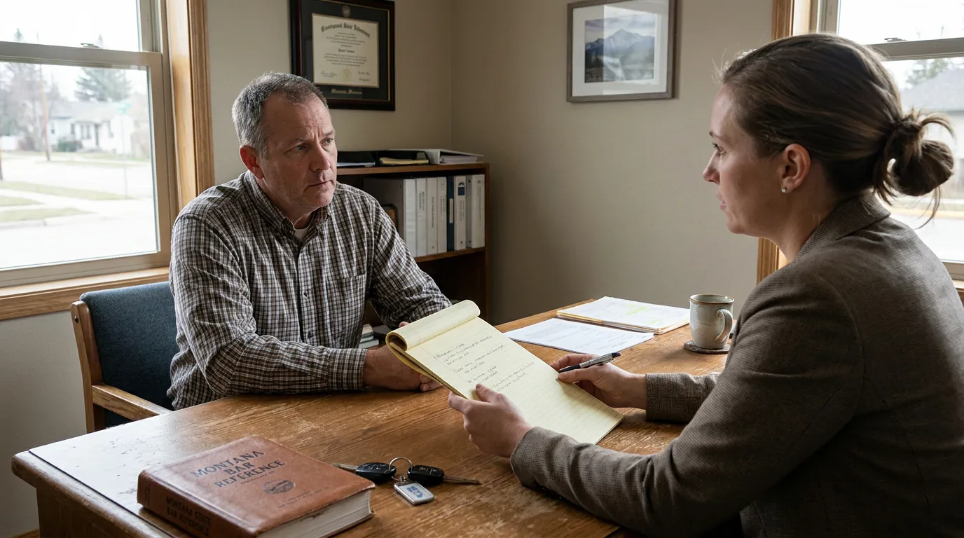 attorney reviewing handwritten legal notes with client across Montana Bar Reference book