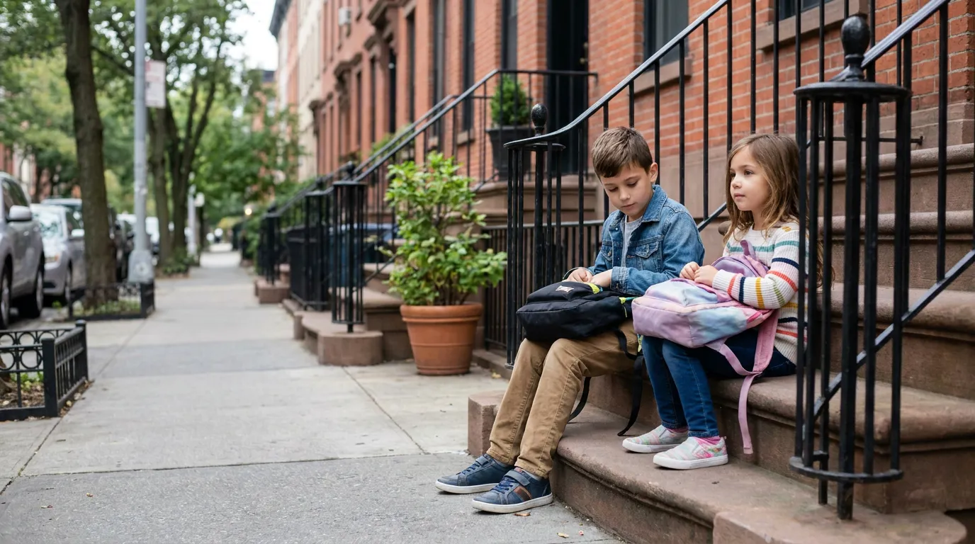 Children With Backpacks Sitting on Brooklyn Brownstone Steps two children with backpacks sitting on brownstone stoop steps outside