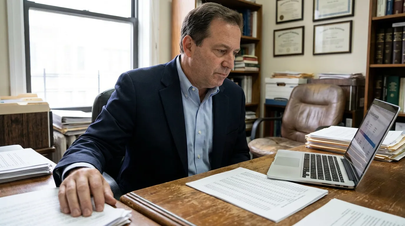 New York Distracted Driving Lawyer Reviewing Phone Records Evidence attorney reviewing legal documents at desk with laptop and framed certificates