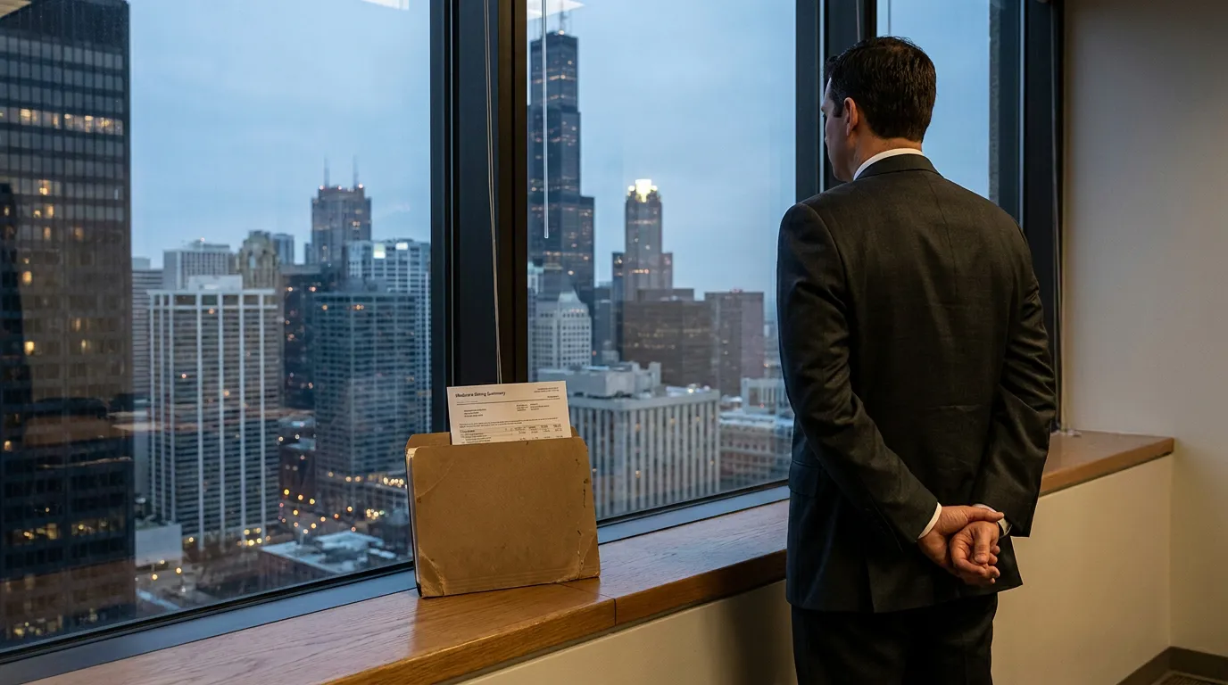 Chicago Physician Facing Medicare Fraud Subpoena Documents suited attorney standing at office window overlooking city skyline with legal documents nearby