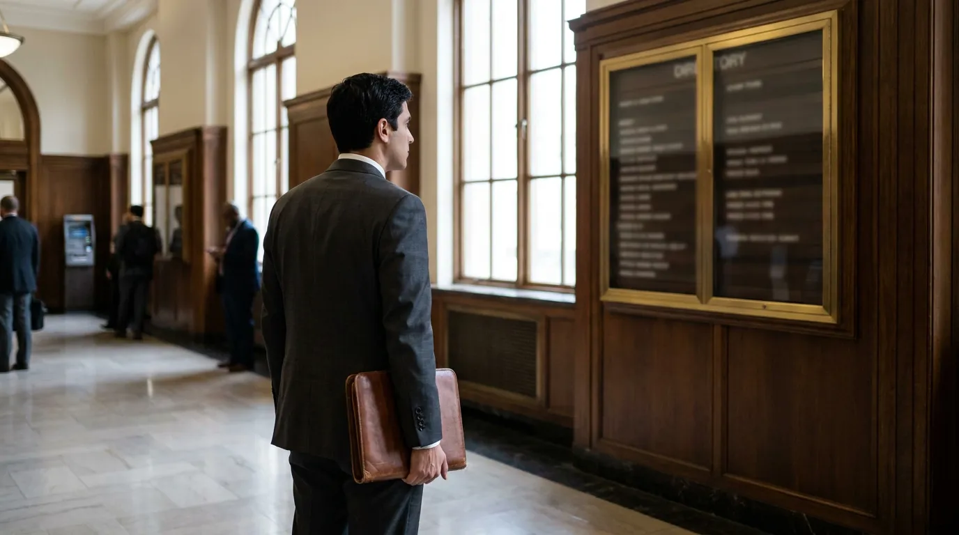suited attorney holding leather portfolio reading courthouse directory board in hallway
